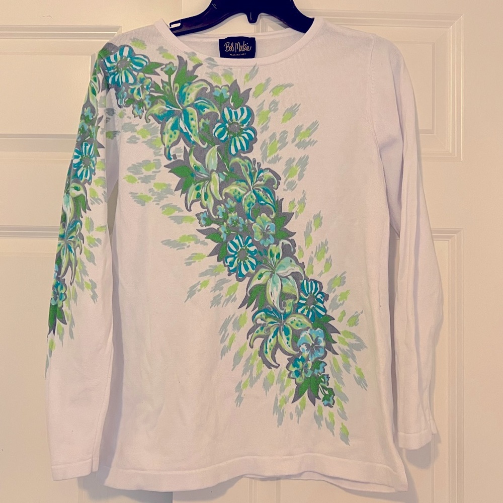 Bob Mackie Floral Hawaiian Cotton Sweater in Blue, Green